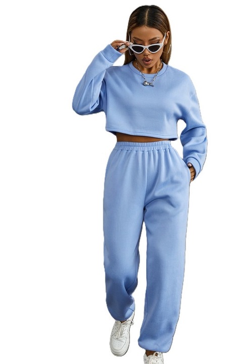 Trening Dama, Asortat, Bluza Cropped Si Pantaloni Talie Inalta, Albastru