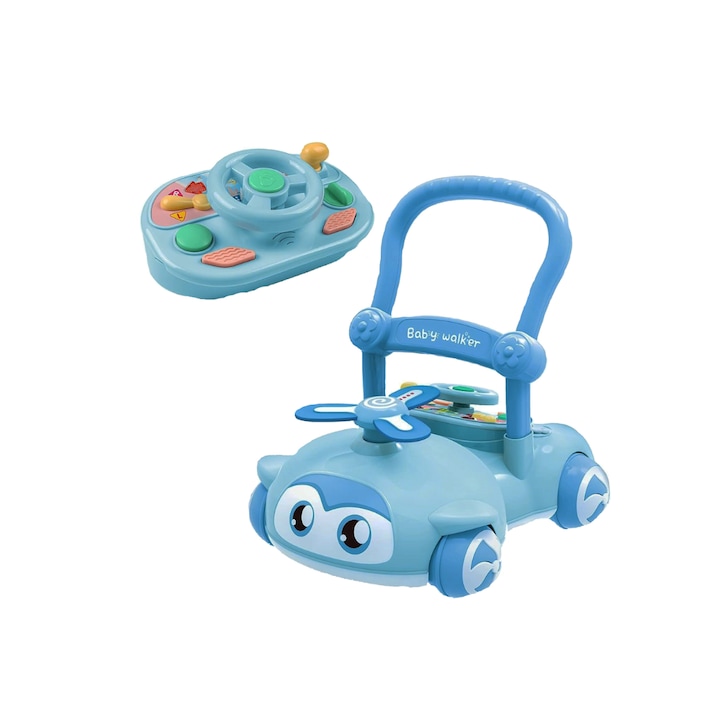 Бебешка проходилка, 12 месеца+, с волан и перка, със звуци и светлини, регулируема дръжка и скорост, синя