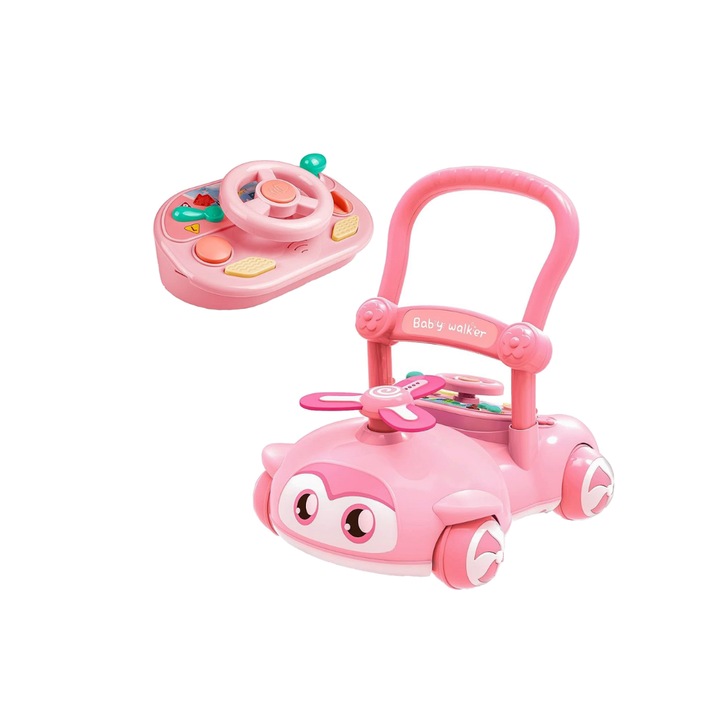 Бебешка проходилка, 12 месеца+, с волан и перка, със звуци и светлини, регулируема дръжка и скорост, Розова