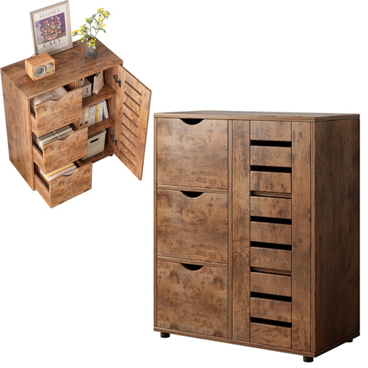 Retro nappali komód tágas fa polcok padlás 3 fiókkal, badu