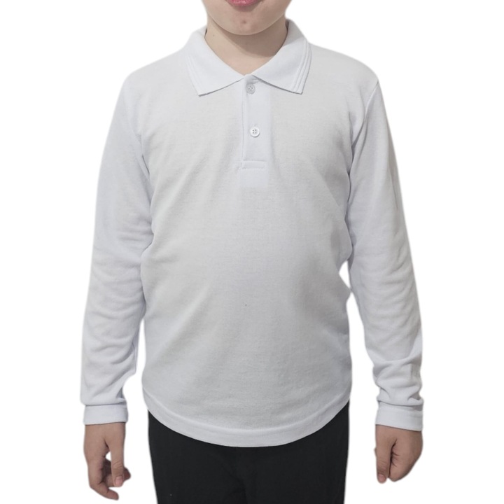 Tricou polo cu maneca lunga fara manseta, Baiat, Alb, Alb
