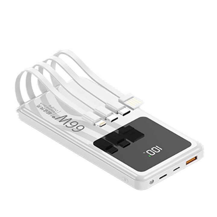 Külső akkumulátor 20000mAh, 22,5W, 4 integrált kábel, fehér, 140x65x16mm