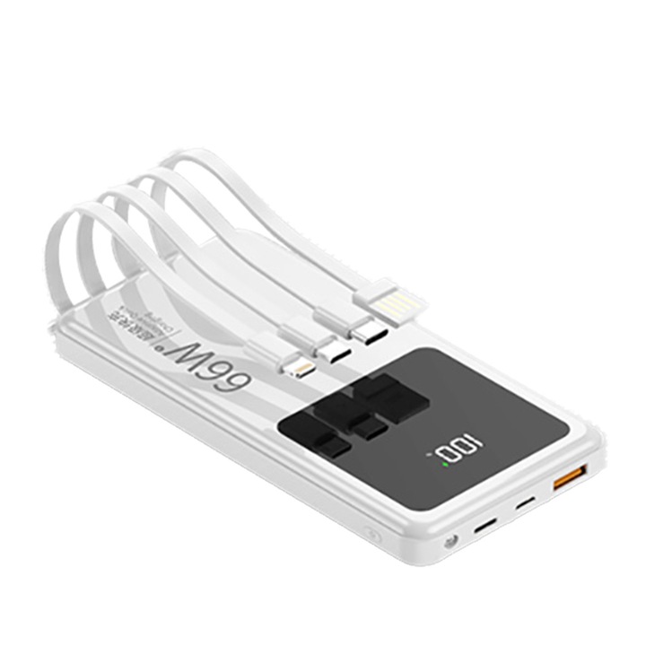 Baterie externa 20000mAh, 22.5W, 4 cabluri integrate, alb