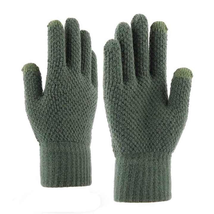 Manusi pentru Iarna, OPTIM SOLUTION, Tactile, pentru Barbati, Warm Winter Gloves, OptimForm, Functie Touchscreen, Material Acril Tricotat, Manseta Elastica, Interior Catifelat, Verde, 22 CM