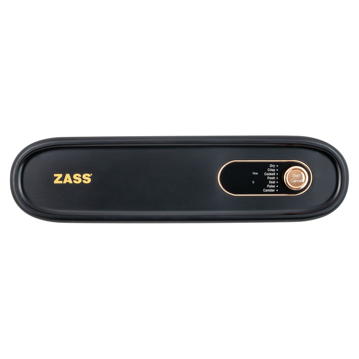 Aparat de vidat alimente pentru uz casnic ZASS ZVS 20 Rose Gold, 0,65 bar, Viteza de vidare: 6,5 L/min, Panou digital, Ideal Sous Vide, Taietor pungi integrat, Fanta vidare detasabila, pentru alimente umede, uscate, crocante, Negru