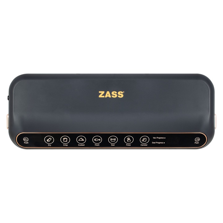 Aparat de vidat alimente pentru uz casnic ZASS ZVS 21 Rose Gold, 0,7 bar, Viteza de vidare: 11 L/min, Panou digital, Ideal Sous Vide, Taietor pungi integrat, Fanta vidare detasabila, pentru alimente umede, uscate, crocante, Negru