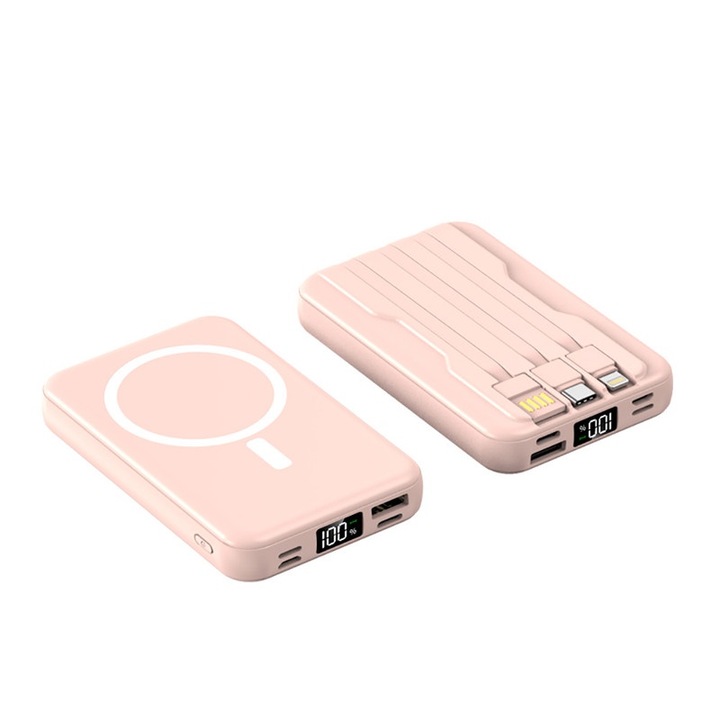 Магнитна външна батерия с безжично зареждане, 10000 mAh, 3 вградени кабела, цифров дисплей, розов