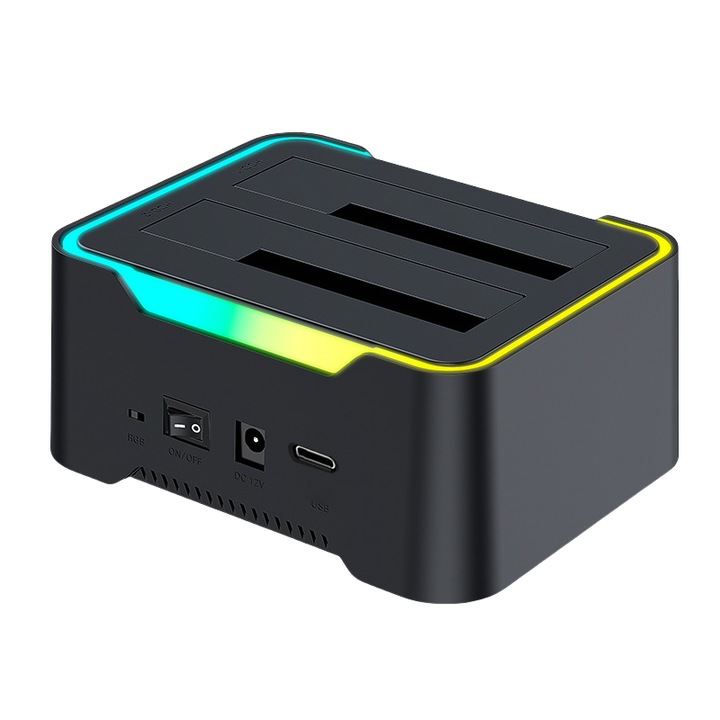 Dock de expansiune pentru hard disk extern, 2 sloturi, copiere multifunctionala, efect de iluminare RGB, Type-c3.1, 2, 5/3, 5 inchi, negru