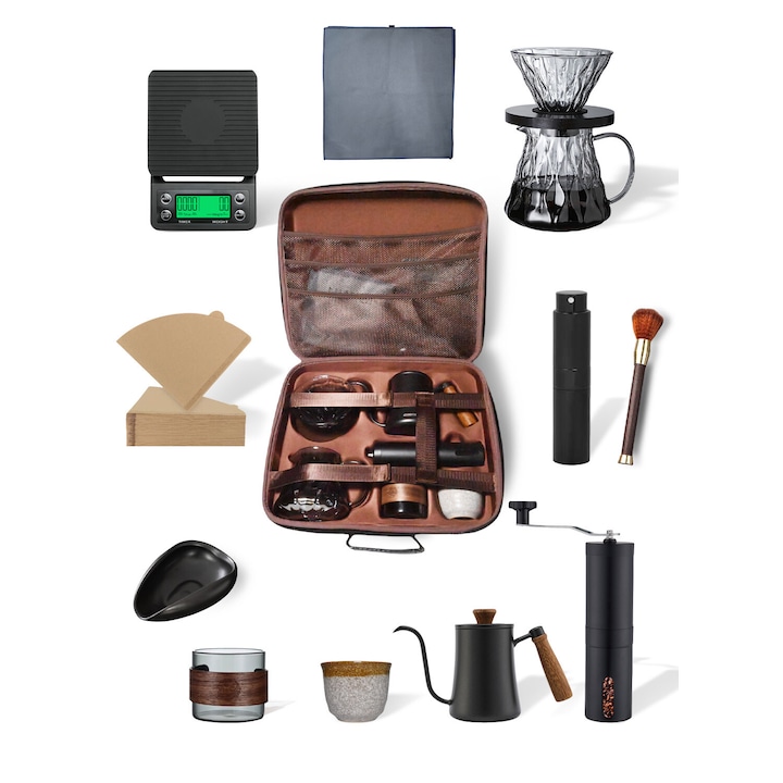 Set de preparare cafea, EqiEch, 12 piese, geanta din fibra de carbon, rasnita manuala, ibric 550ml, cantar electronic de precizie