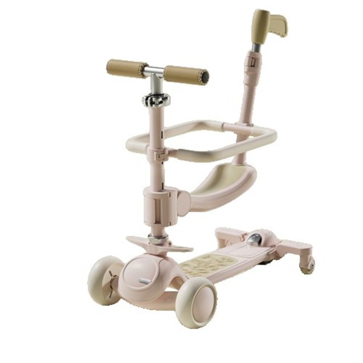 Trotineta Tip Carucior pentru Copii 7in1, Pliabila, Ghidon Reglabil, Parti Detasabile, Lumini LED, Muzica, Suport pentru picioare, Roz