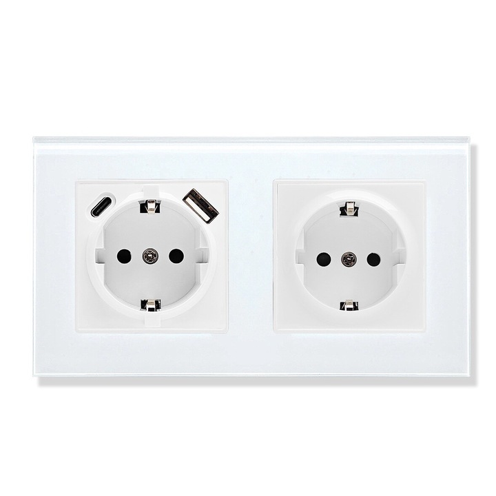 Двоен контакт с USB x2 и USB-C x2, модерен дизайн, бял, изработен от ABS пластмаса
