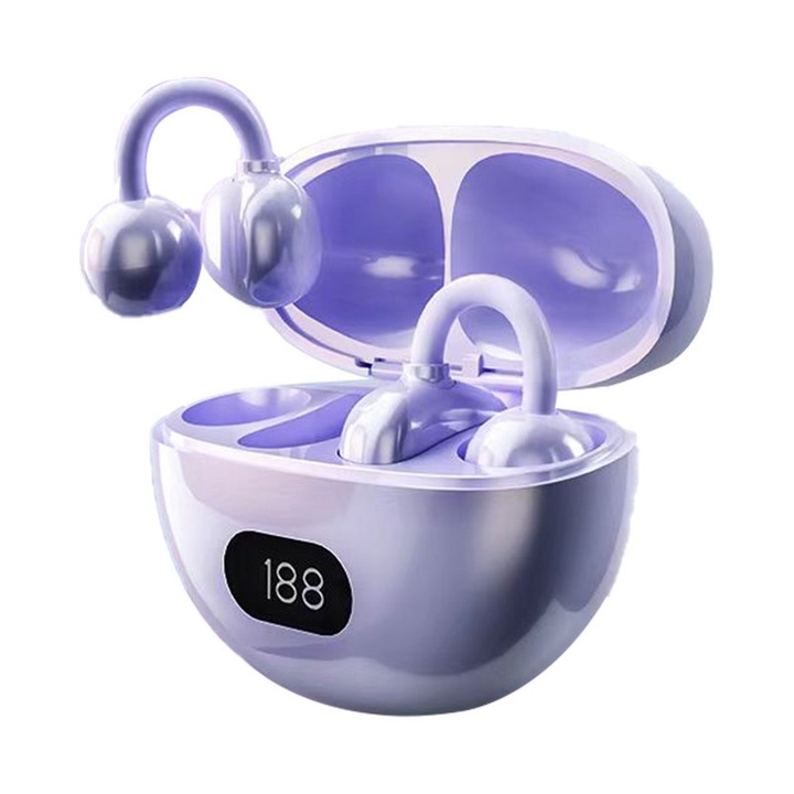 Casti wireless clip-on, Bluetooth 5.4, culoare mov, autonomie 24 ore