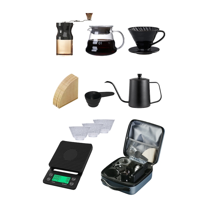 Set preparare cafea EqiEch, 10 piese, cana de sticla 300ml, rasnita pliabila, geanta portabila, 26x26x12.5cm