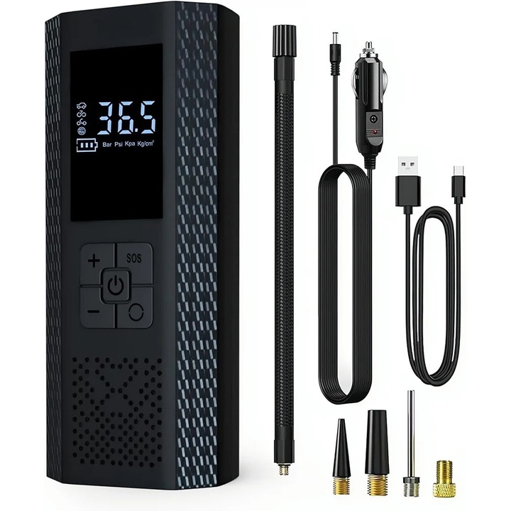 Vezeték nélküli légpumpa, Selani, hordozható, 150 PSI, gumiabroncsokhoz és labdákhoz, 2000 mAh-s akkumulátor, digitális kijelző, USB és C típusú telefontöltő, SOS zseblámpa, 17,5 x 8,5 cm-es, fekete nagykereskedelmi