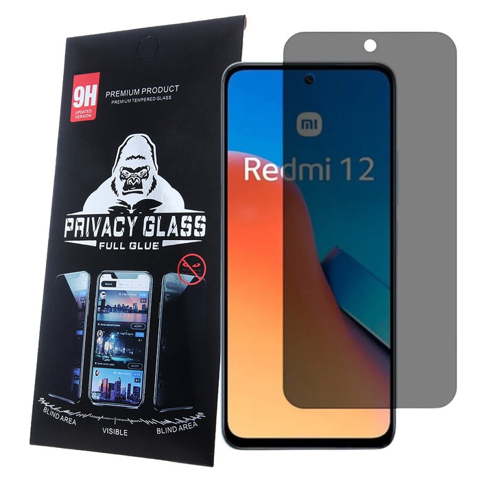 Xiaomi Redmi 12 4G / 5G / Redmi 13 4G / 5G / Poco M6 4G kompatibilis üvegfólia, előlapi, edzett, hajlított, fekete kerettel, betekintés védelemmel, Privacy