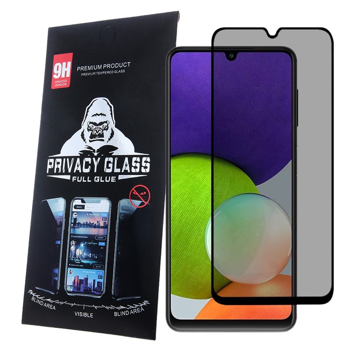 Samsung Galaxy A13 4G / A13 5G / A04s / A22 5G / A32 5G kompatibilis üvegfólia, előlapi, edzett, hajlított, fekete kerettel, betekintés védelemmel, Privacy