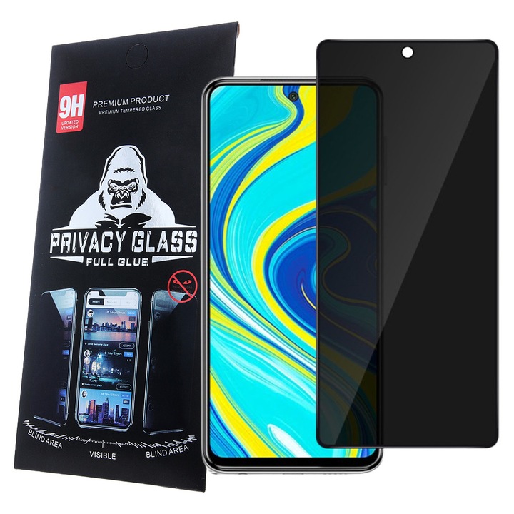 Xiaomi Redmi Note 9 Pro / Note 9S / Poco X3 / Mi 10T Lite kompatibilis üvegfólia, előlapi, edzett, hajlított, fekete kerettel, betekintés védelemmel, Privacy