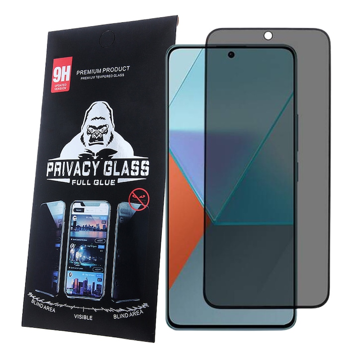 Xiaomi Redmi Note 13 Pro 4G / 5G / Poco M6 Pro 4G / X6 Pro 5G kompatibilis üvegfólia, előlapi, edzett, hajlított, fekete kerettel, betekintés védelemmel, Privacy