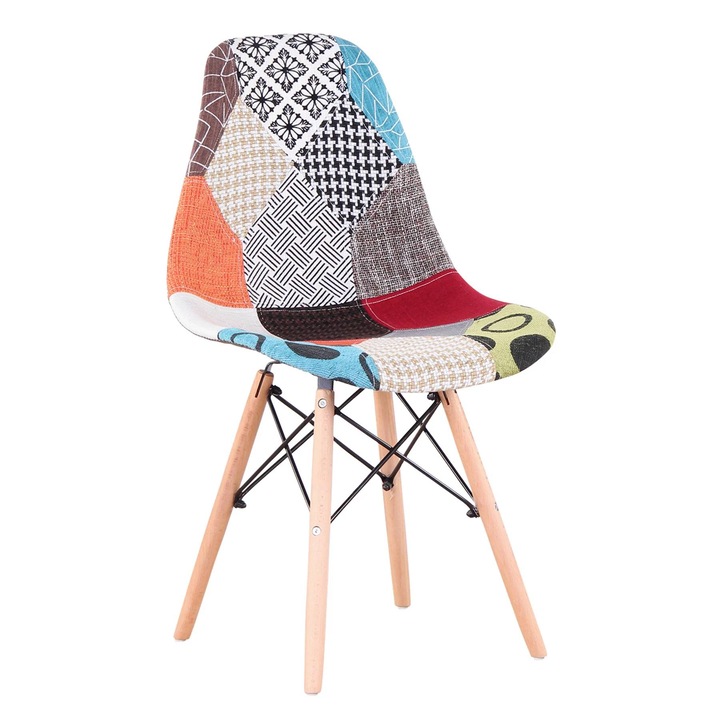 Középkori étkezőszék, patchwork szövet, fa lábak, Többszínű, 4 darab