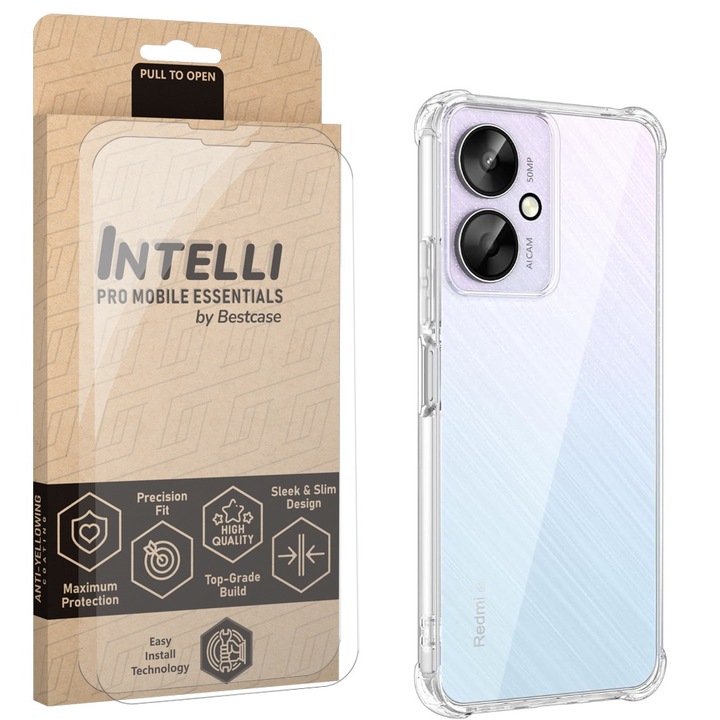 Intelli® Комплект Калъф и 2x Стъклен протектор за Xiaomi Redmi 13C / Poco C65, Anti Shock 1.5мм, 360 Защита гръб + екран, Подсилени ъгли, Прозрачен