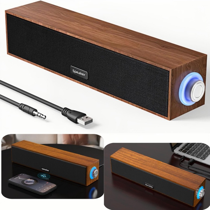 Soundbar gaming, Bluetooth 5.0, 8W, USB, Jack 3.5mm, model de lemn