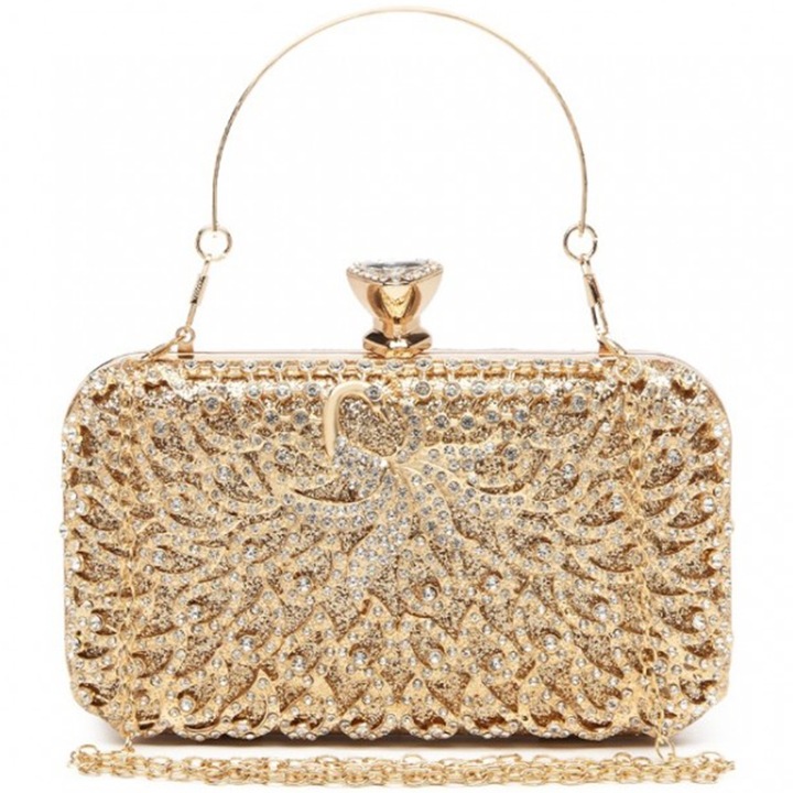Вечерна дамска чанта клъч, твърд, елегантен калъф, със златни детайли, подвижна каишка с верижка, Miss Lulu S2227GD злато