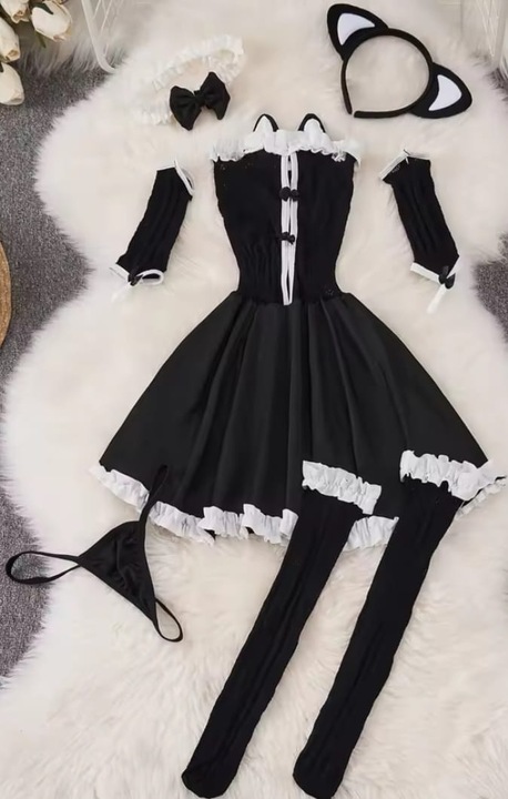 Lenjerie dama sexy cu tematica, alb cu negru, 6 piesewdqsazxg, Alb/Negru