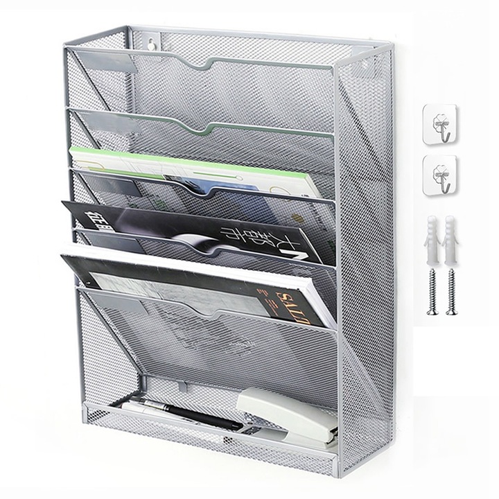 Органайзер за файлове за стена, Bizaical, 5 нива, метален, размери 100x320x410 мм, с етикети