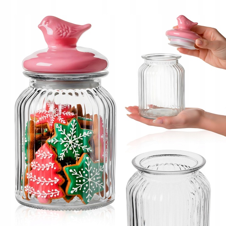 Borcan Cu Capac Ceramic In Forma De Pasare, Superbutelki, Sticla Canelata De Inalta Calitate, 1000 ml, Pentru Gemuri, Nuci, Paste, Prajituri, Cafea, Inaltime Cu Capac 20 cm, Latime 11 cm, Greutate 0.6 Kg