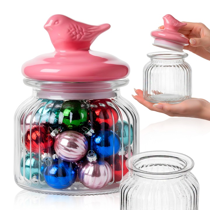 Recipient De Sticla Pentru Alimente, 700 Ml, Cu Nervuri, Cu Capac Din Ceramica Bird