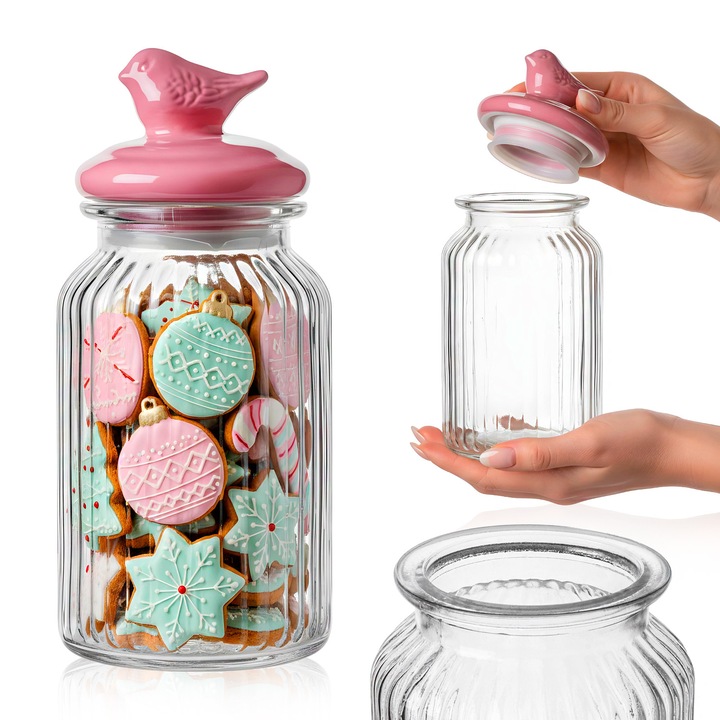 Recipient De Sticla Pentru Alimente, 1.35L, Cu Nervuri, Cu Capac Din Ceramica Bird