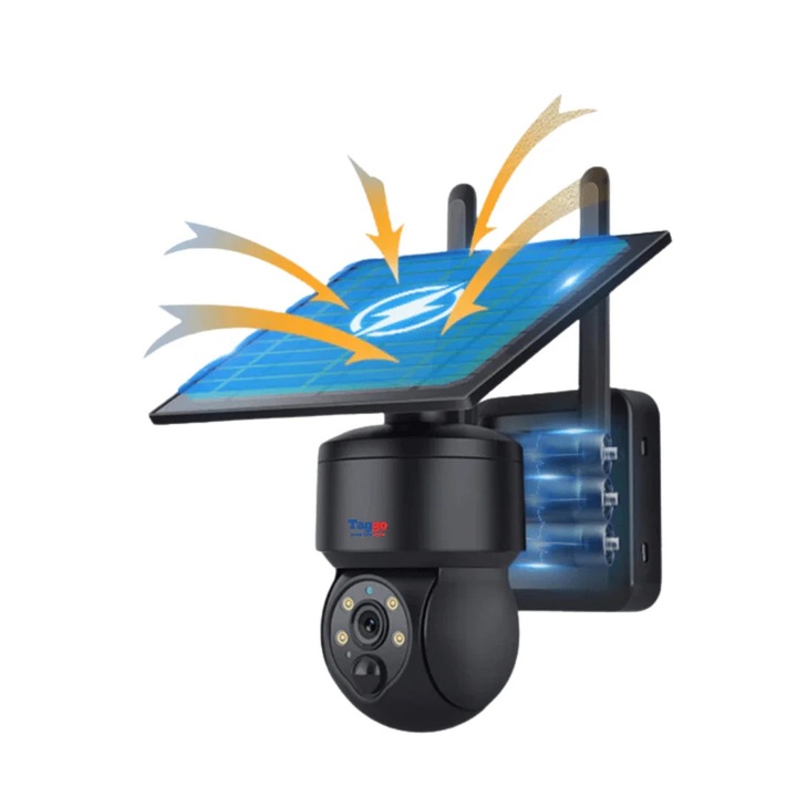 Черна 5mp камера за наблюдение с 4G соларно зареждане, зареждане при дъжд, въртене от приложението, IP 66 водоустойчивост - WIFI