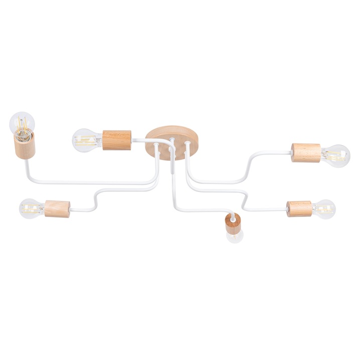 Candelabru din lemn alb/natural si otel/lemn cu 6 becuri geometric pentru mansarda de interior