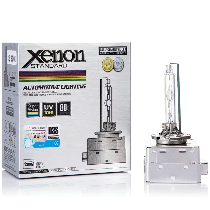 Becuri xenon D3S pentru faruri auto AdyMel®, set 2 buc de inalta calitate, consum redus 35W, lumina alba 6000k, 4500LM, soclu metalic quick start, bixenon, faza lunga, scurta