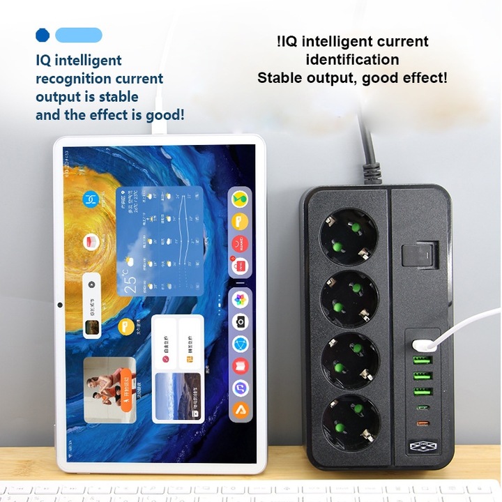 Разклонител с 4 контакта BYNOVIS®, кабел 5 м, 4x USB-A 3.4A, 2x USB-C 3.4A, 3000W, бутон ВКЛ./ИЗКЛ., Защита за деца, Защита от пренапрежение, Пожароустойчив, Заземяване, Черен