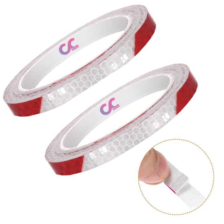 Set 2 x Banda Rosie cu Argintiu CCmax Lata de 1 cm Autoadeziva Reflectorizanta pentru Semnalizare si Vizibilitate Sporita in Trafic, Tuning Masina, Motocicleta, Bicicleta, Trotineta Electrica, Model Hexagonal, lungime 8 m
