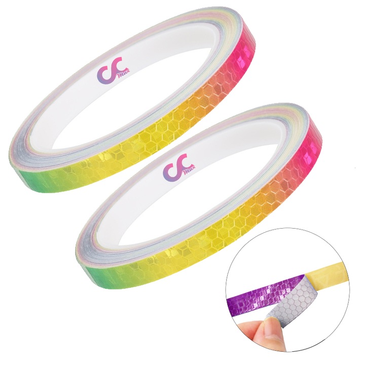 Set 2 x Banda Multicolora CCmax Lata de 1 cm Autoadeziva Reflectorizanta pentru Semnalizare si Vizibilitate Sporita in Trafic, Tuning Masina, Motocicleta, Bicicleta, Trotineta Electrica, Model Hexagonal, lungime 8 m