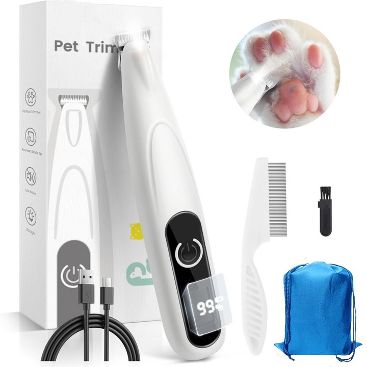 Set masina de tuns animale cu display LED, taiere silentioasa 35 dB, trimmer fara fir, incarcare Type-C, pentru caini si pisici, alb, 20 mm