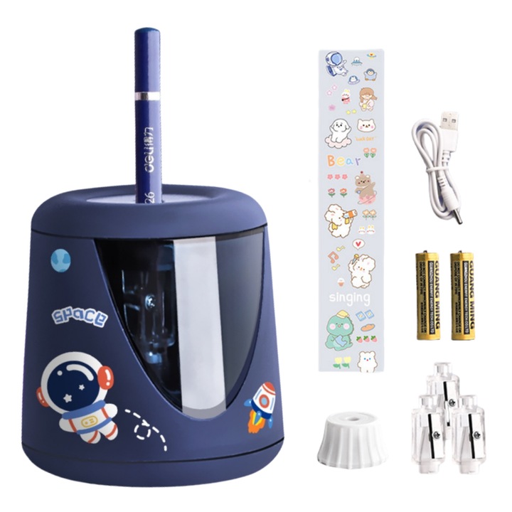 Fantázia elektromos ceruzahegyező, 3 cserélhető tartóval, 6-8mm-es ceruzához, USB tápegység és akkumulátor, 85x60x60mm