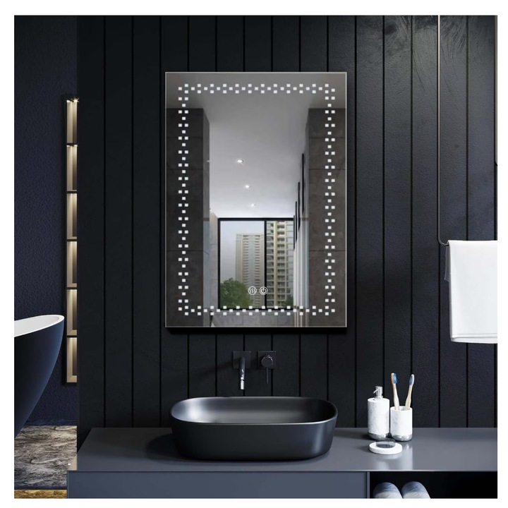 Fürdőszobai tükör, LED világítással, érintőképernyős és páramentesítő rendszerrel, 60 x 80 cm