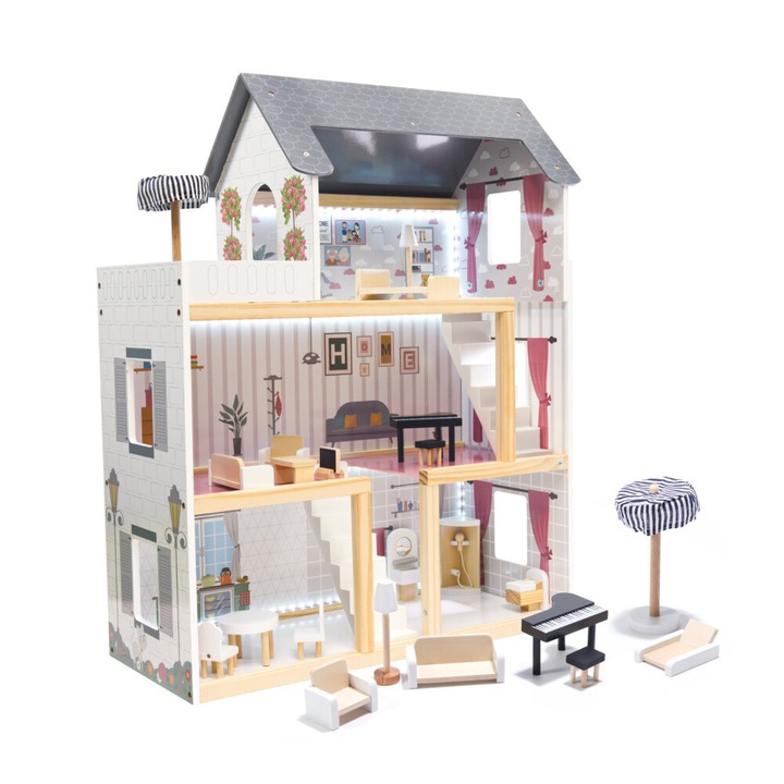 MDF fa babaház bútorral, 78cm, LED lámpa