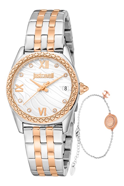 JUST CAVALLI, Часовник от неръждаема стомана и гривна, Сребрист, Златист