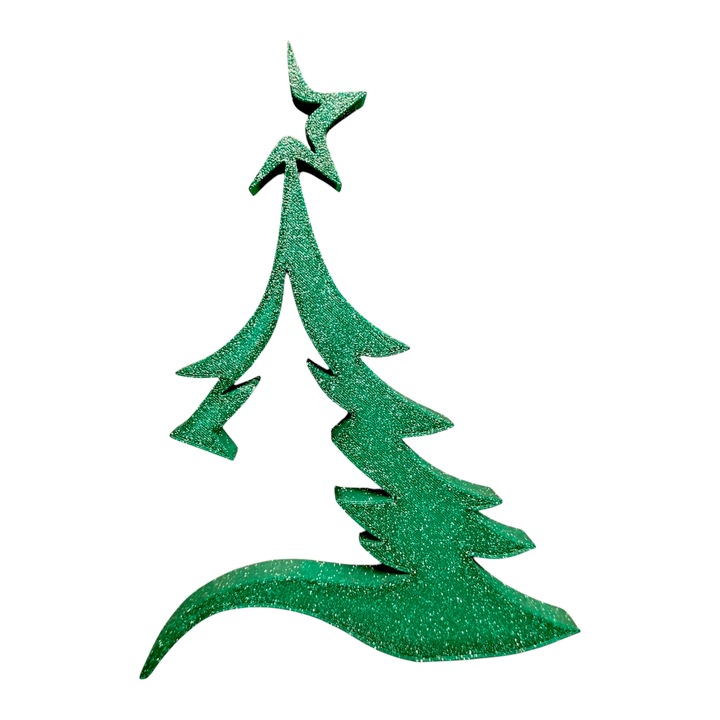 Brad decorativ cu forma minimalista si aspect modern, accesoriu de design interior cu steluta in varf, culoare verde glitter, 150x110x12 mm, pentru birou, raft, masa sau perete