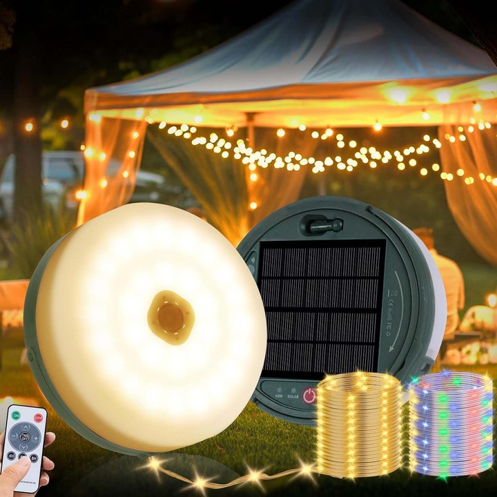 Instalatie De Craciun, Liniara 10 M, Retractabila, 100 LED -uri, Cu 8 jocuri de lumini, Lampa de camping 2-in-1, Incarcare solara si incarcare prin Type-C, rezistenta la apa, Alb Cald, Multicolor