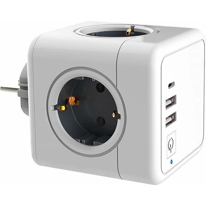 Prelungitor French Cube alb cu 4 prize CA, 2 porturi USB-A si 1 port Type-C, inclusiv intrerupator. 7, 5×7, 5×11, 5 cm