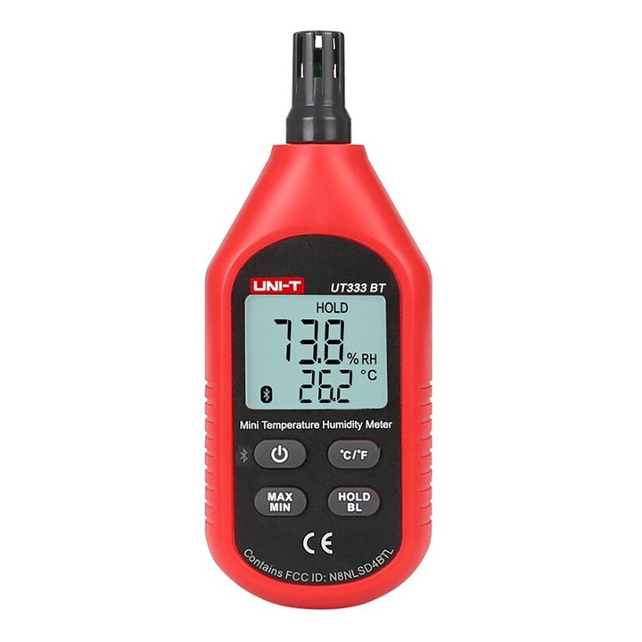 Термометър и влагомер UNI-T UT333BT, Bluetooth, червено и сиво, 155x50x28mm, пълен комплект