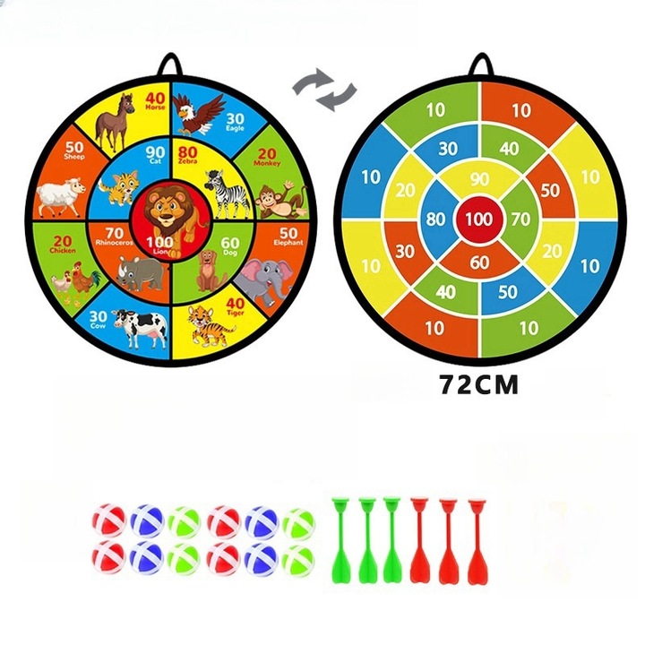 Joc Darts Copii SIGUR 2-in-1 (Animale + Numere), Tabla MOALE Mare 72cm cu Mingi Lipicioase & Sageti, Educativ & Distractiv, Interior/Exterior，multicolor