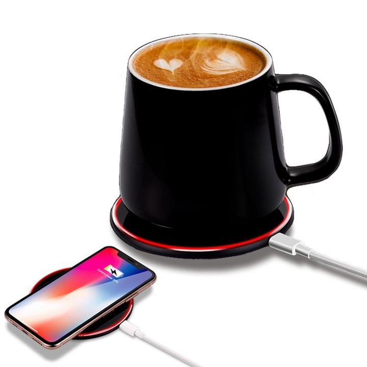 Самонагряваща се керамична чаша и безжично зареждане на телефон 15 W, DLMDL, постоянна температура 55°C, капацитет 380 ml, USB-C поддръжка за отопление