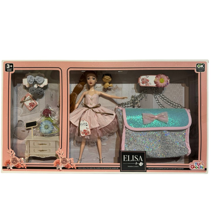 Elisa baba, divat, hajkiegészítőkkel, bútorok, tágas pénztárca lányoknak, 3 év felett