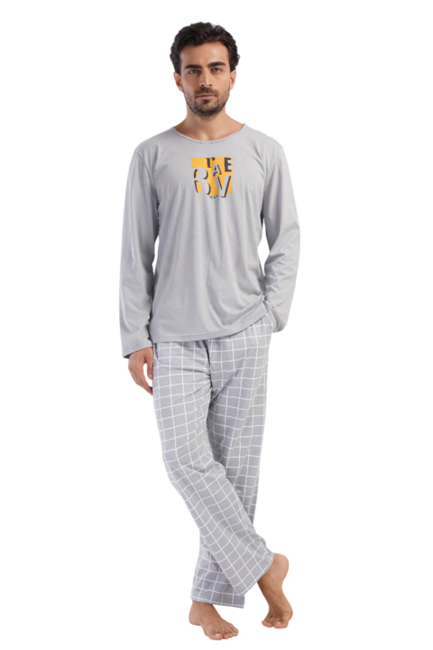 Pijama pentru Barbati, Vienetta, PM480, Maneca lunga, Pantaloni Lungi, Decolteu Rotund, Zu Buzunare, Bumbac, Gri, S